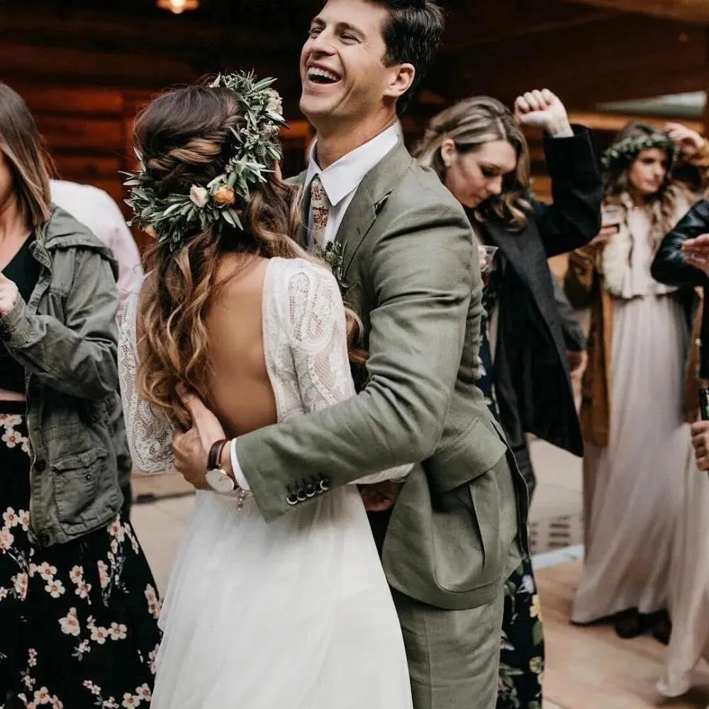 2024 Boho Wedding Dress | Backless Long Sleeve A-Line Lace Chiffon Beach Bridal Gown | Rustic Robe de Mariage
