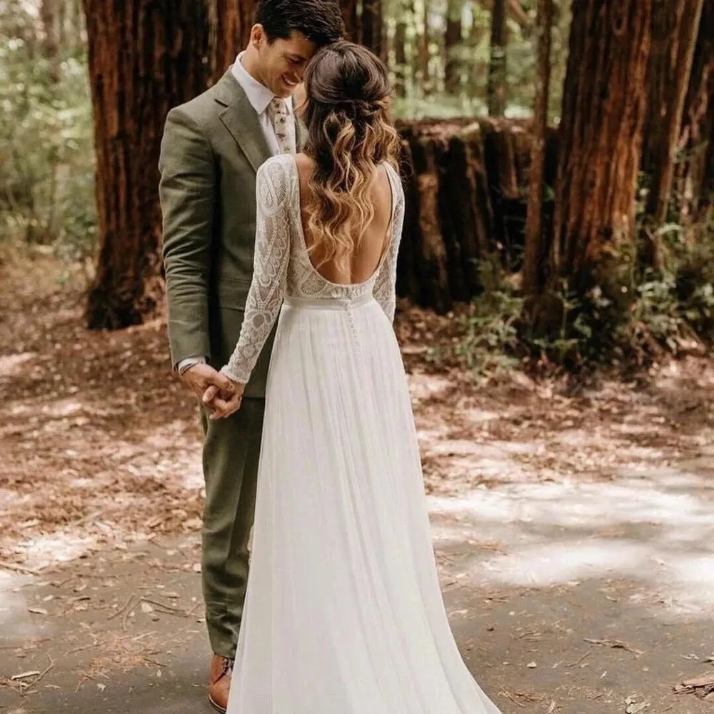 2024 Boho Wedding Dress | Backless Long Sleeve A-Line Lace Chiffon Beach Bridal Gown | Rustic Robe de Mariage