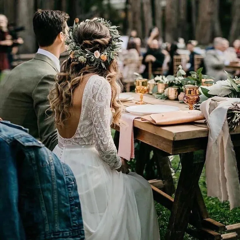 2024 Boho Wedding Dress | Backless Long Sleeve A-Line Lace Chiffon Beach Bridal Gown | Rustic Robe de Mariage