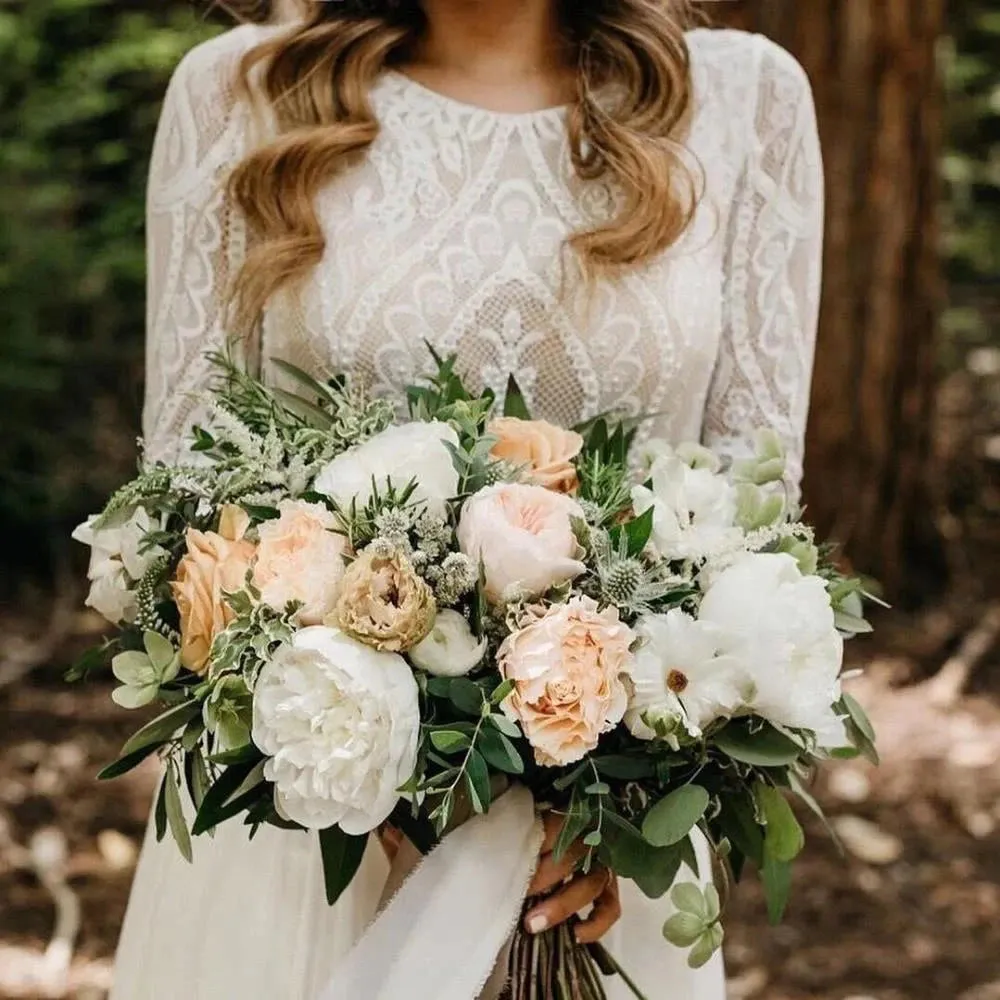 2024 Boho Wedding Dress | Backless Long Sleeve A-Line Lace Chiffon Beach Bridal Gown | Rustic Robe de Mariage