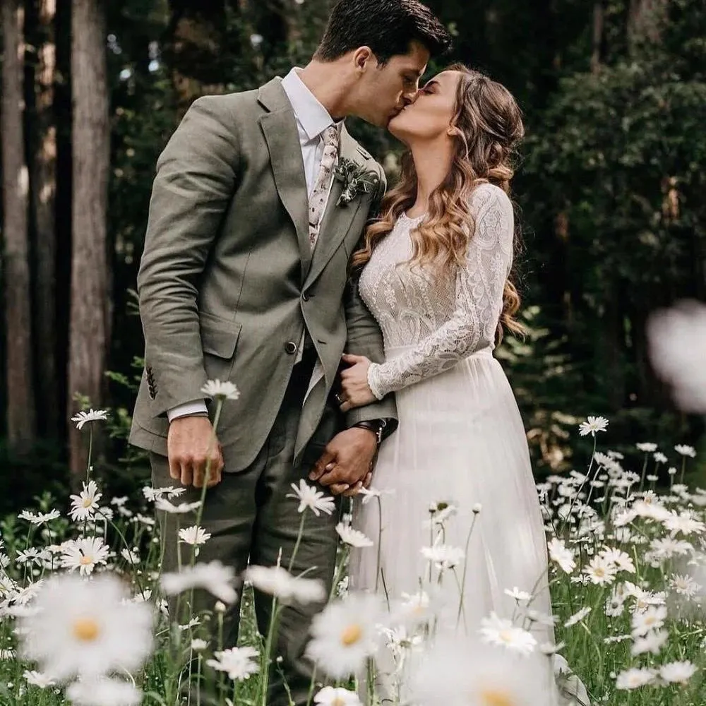 2024 Boho Wedding Dress | Backless Long Sleeve A-Line Lace Chiffon Beach Bridal Gown | Rustic Robe de Mariage
