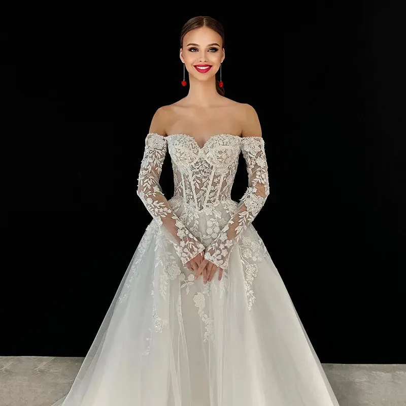 2025 A-Line Wedding Dresses Long Sleeve Appliques Sweetheart Bride Dress Boho Beach White Wedding Prom Gown Custom Size
