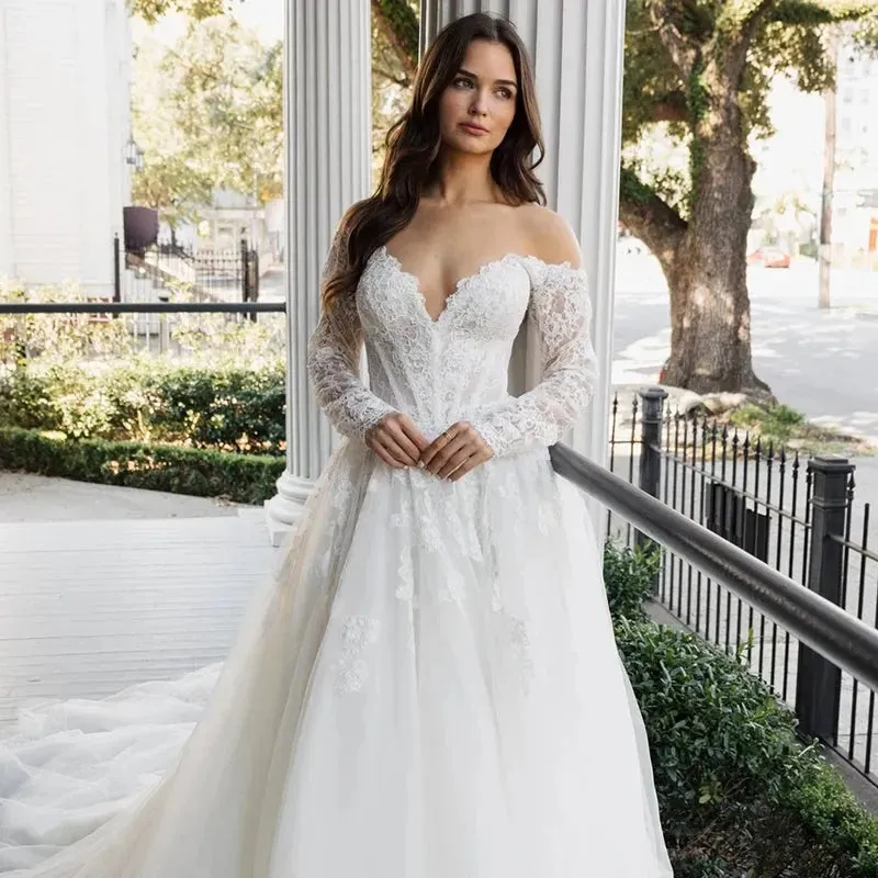 2025 A-Line Wedding Dresses Long Sleeve Princess Lace Long Bride Dress Boho Beach White Wedding Prom Gowns Custom Made