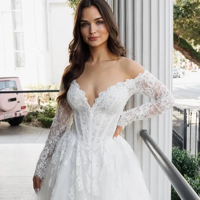2025 A-Line Wedding Dresses Long Sleeve Princess Lace Long Bride Dress Boho Beach White Wedding Prom Gowns Custom Made