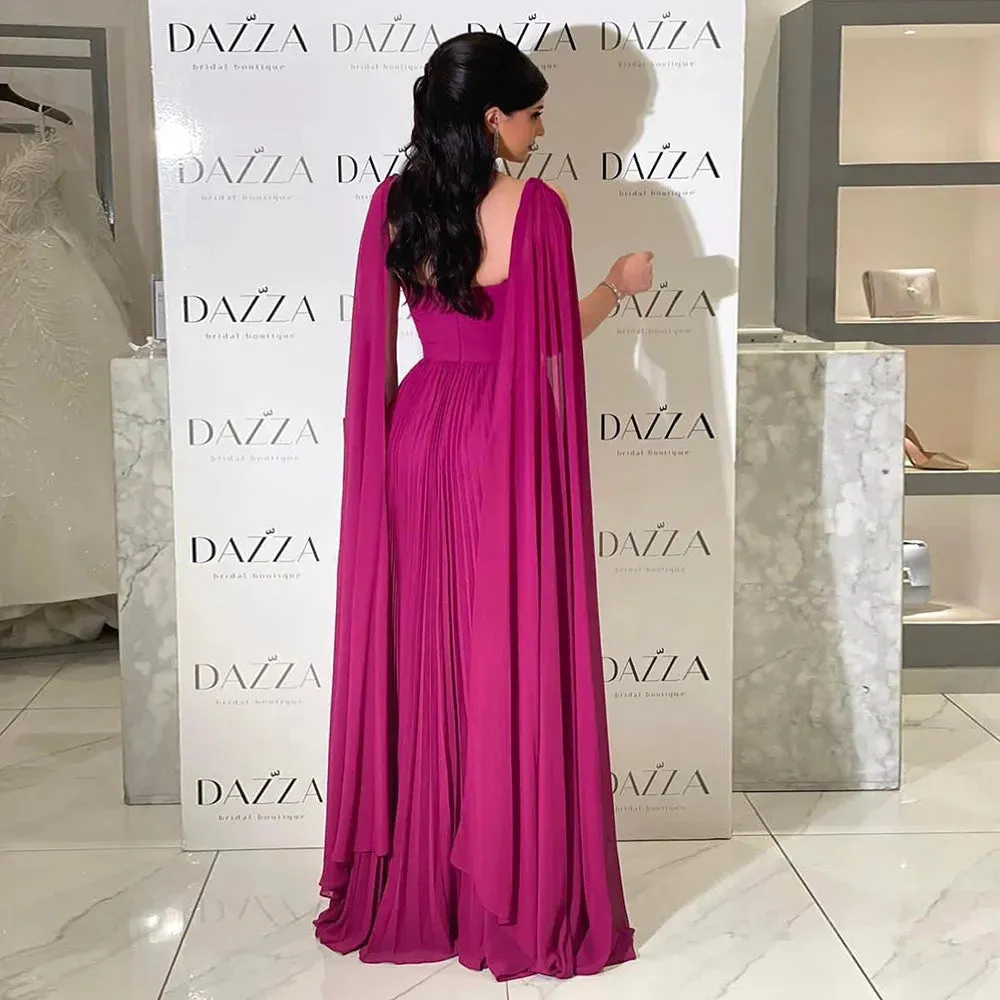 A Line Chiffon Formal Evening Dresses Saudi Arabic Long Cape Sleeves Spaghetti Strap Women Prom Gowns Party Dress
