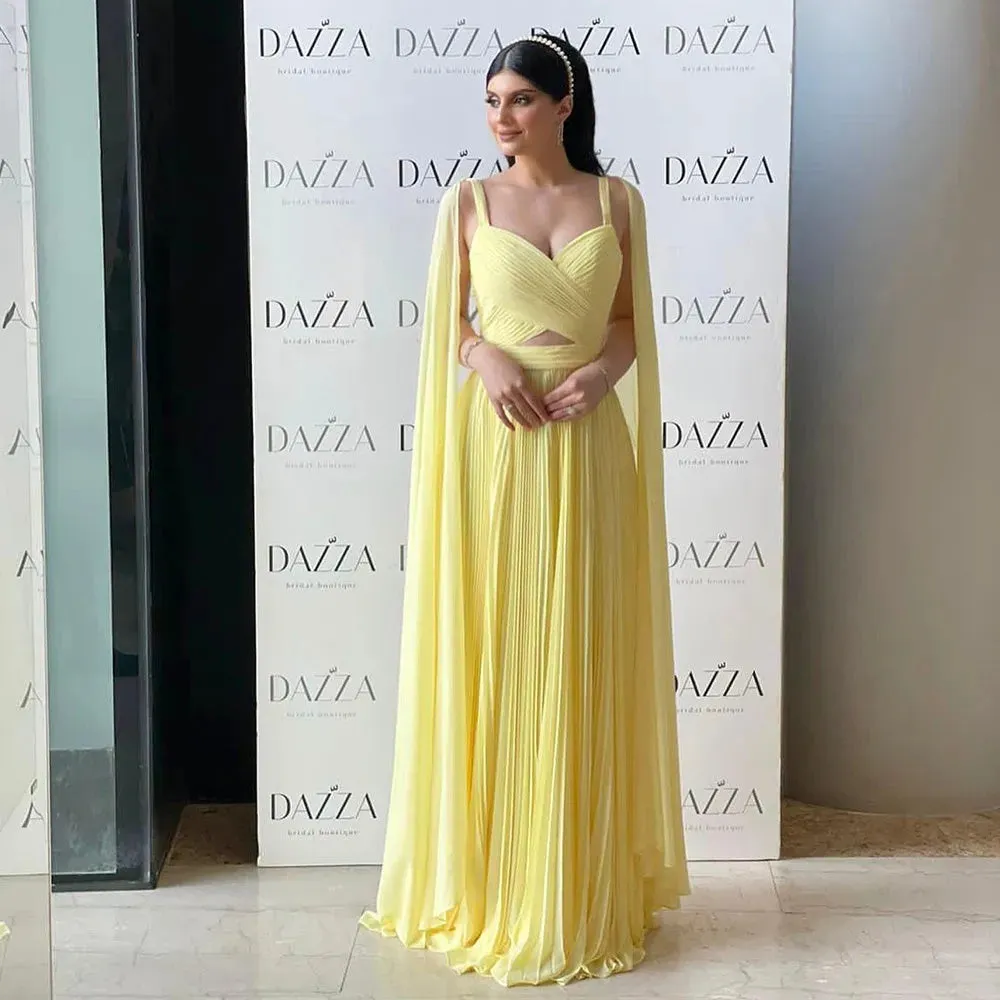 A Line Chiffon Formal Evening Dresses Saudi Arabic Long Cape Sleeves Spaghetti Strap Women Prom Gowns Party Dress