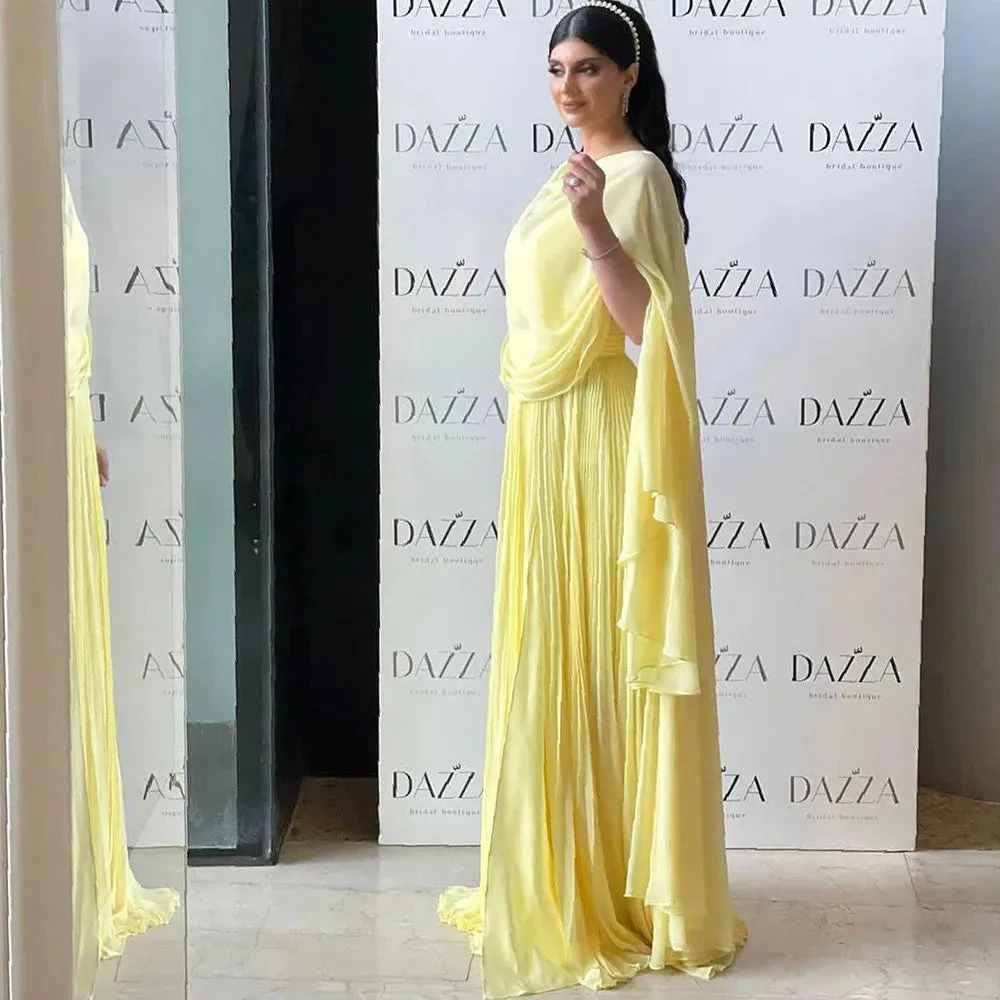 A Line Chiffon Formal Evening Dresses Saudi Arabic Long Cape Sleeves Spaghetti Strap Women Prom Gowns Party Dress