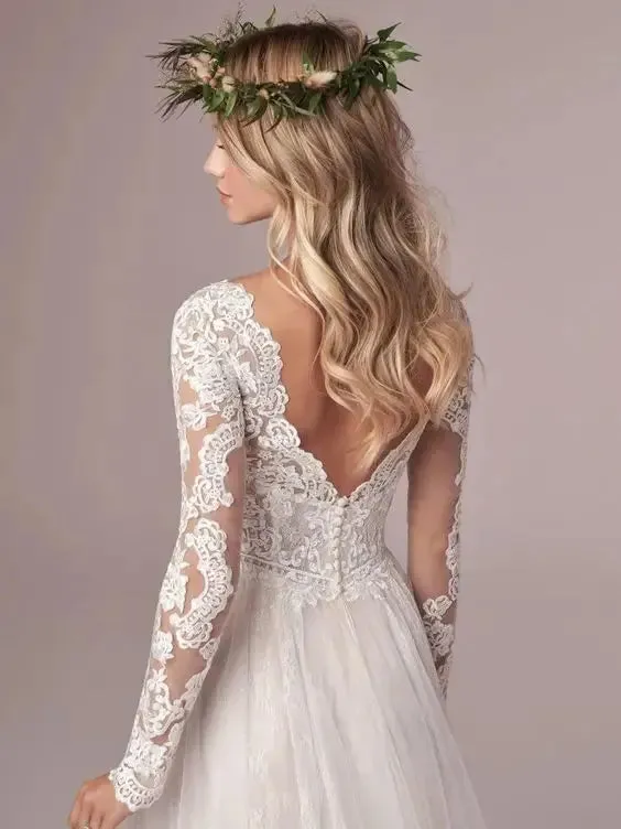 A Line Long Sleeve Bridal Dresses Wedding Dress Tulle Lace Long Ivory Vestido De Novia Open Back Plus Size