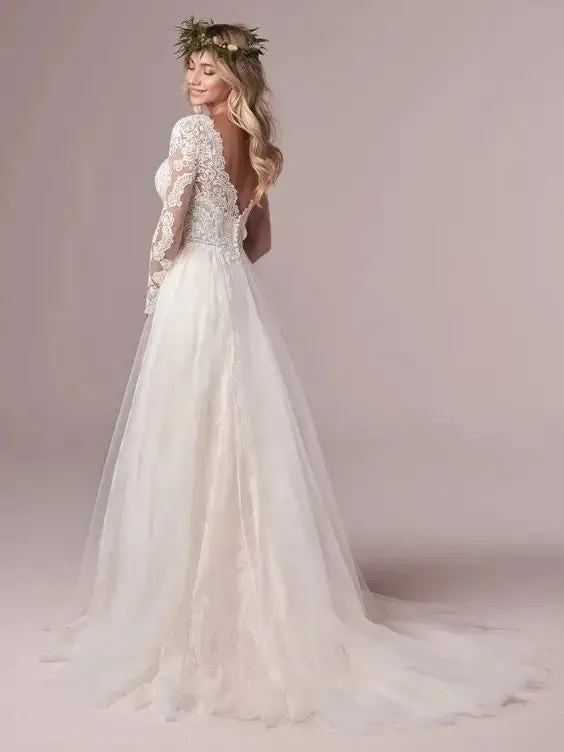 A Line Long Sleeve Bridal Dresses Wedding Dress Tulle Lace Long Ivory Vestido De Novia Open Back Plus Size