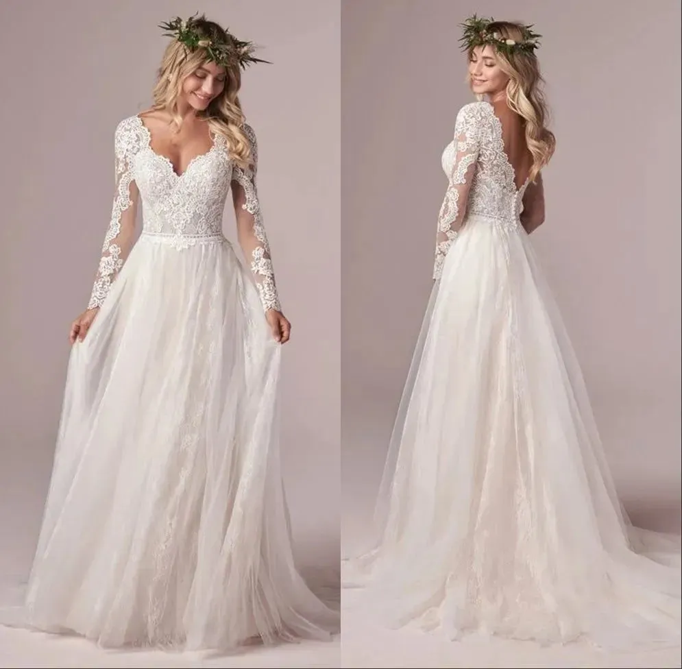 A Line Long Sleeve Bridal Dresses Wedding Dress Tulle Lace Long Ivory Vestido De Novia Open Back Plus Size