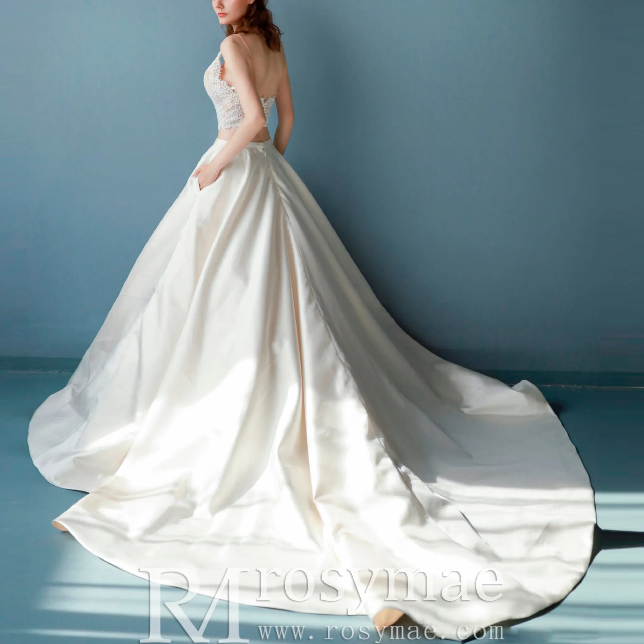 A-line Two Pieces Lace Top Wedding Dresses With Pockets