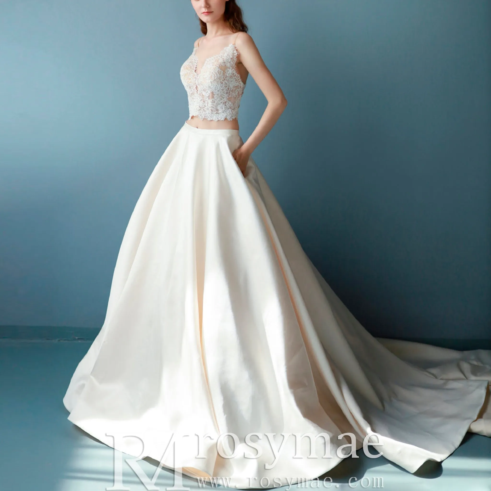 A-line Two Pieces Lace Top Wedding Dresses With Pockets