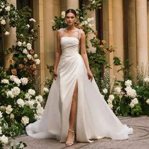 A-Line Wedding Dresses Sleeveless Side Slit Pearls Bride Dress Boho Beach Simple Wedding Prom Gowns Custom Size