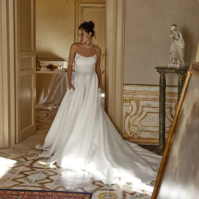 A-Line Wedding Dresses With Pocket Strapless Sweep Train Bride Dress Boho Beach Simple Wedding Gowns Custom Size