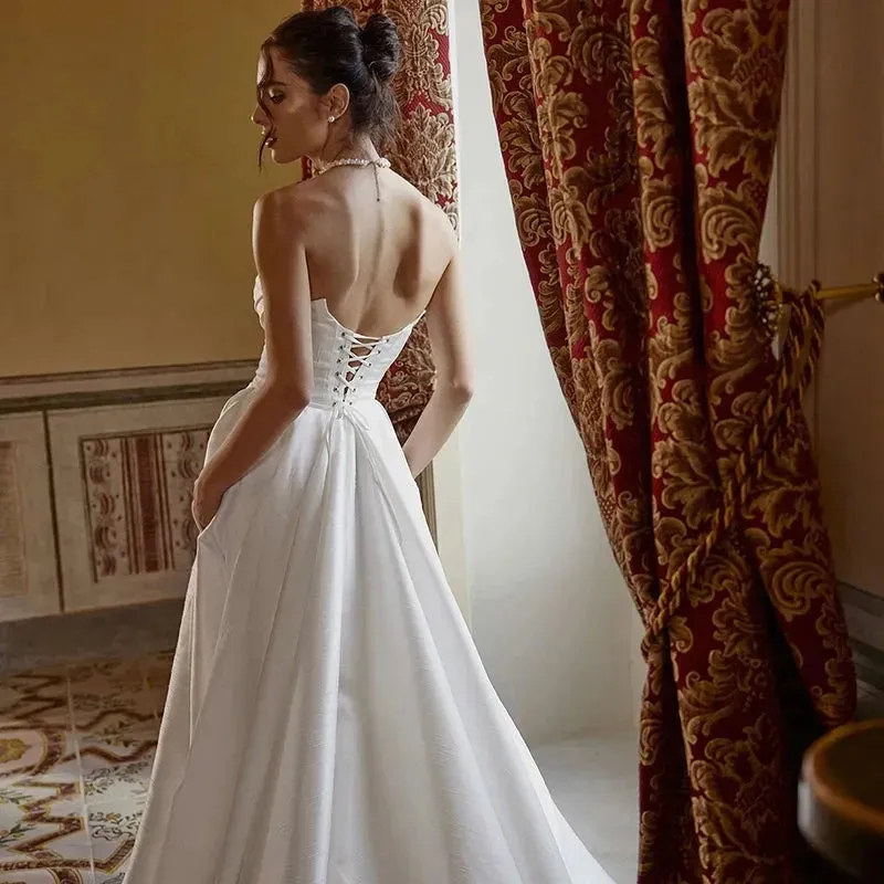 A-Line Wedding Dresses With Pocket Strapless Sweep Train Bride Dress Boho Beach Simple Wedding Gowns Custom Size