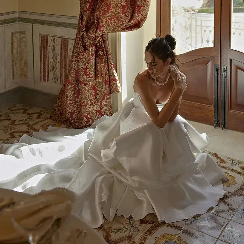 A-Line Wedding Dresses With Pocket Strapless Sweep Train Bride Dress Boho Beach Simple Wedding Gowns Custom Size