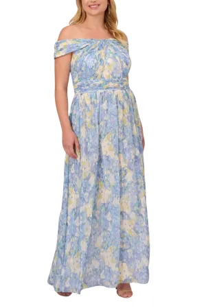 Adrianna Papell Chiffon Floral Print Off-the-Shoulder Neckline Ballgown Dress