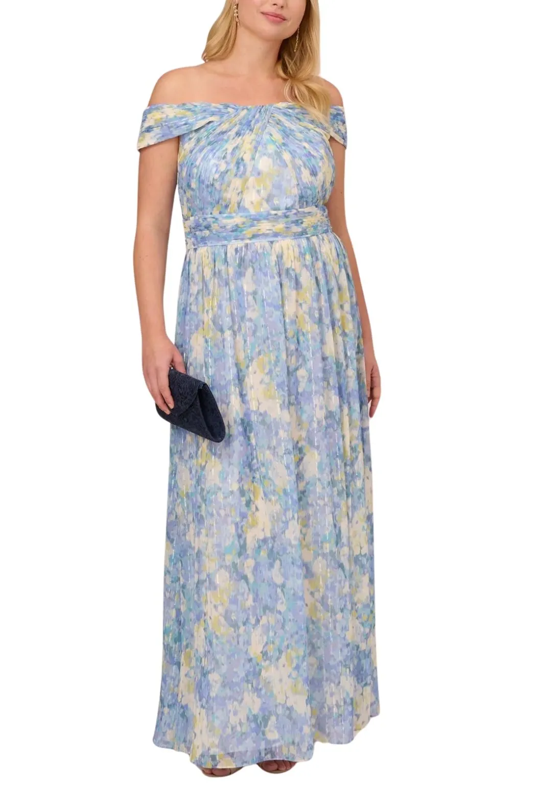 Adrianna Papell Chiffon Floral Print Off-the-Shoulder Neckline Ballgown Dress