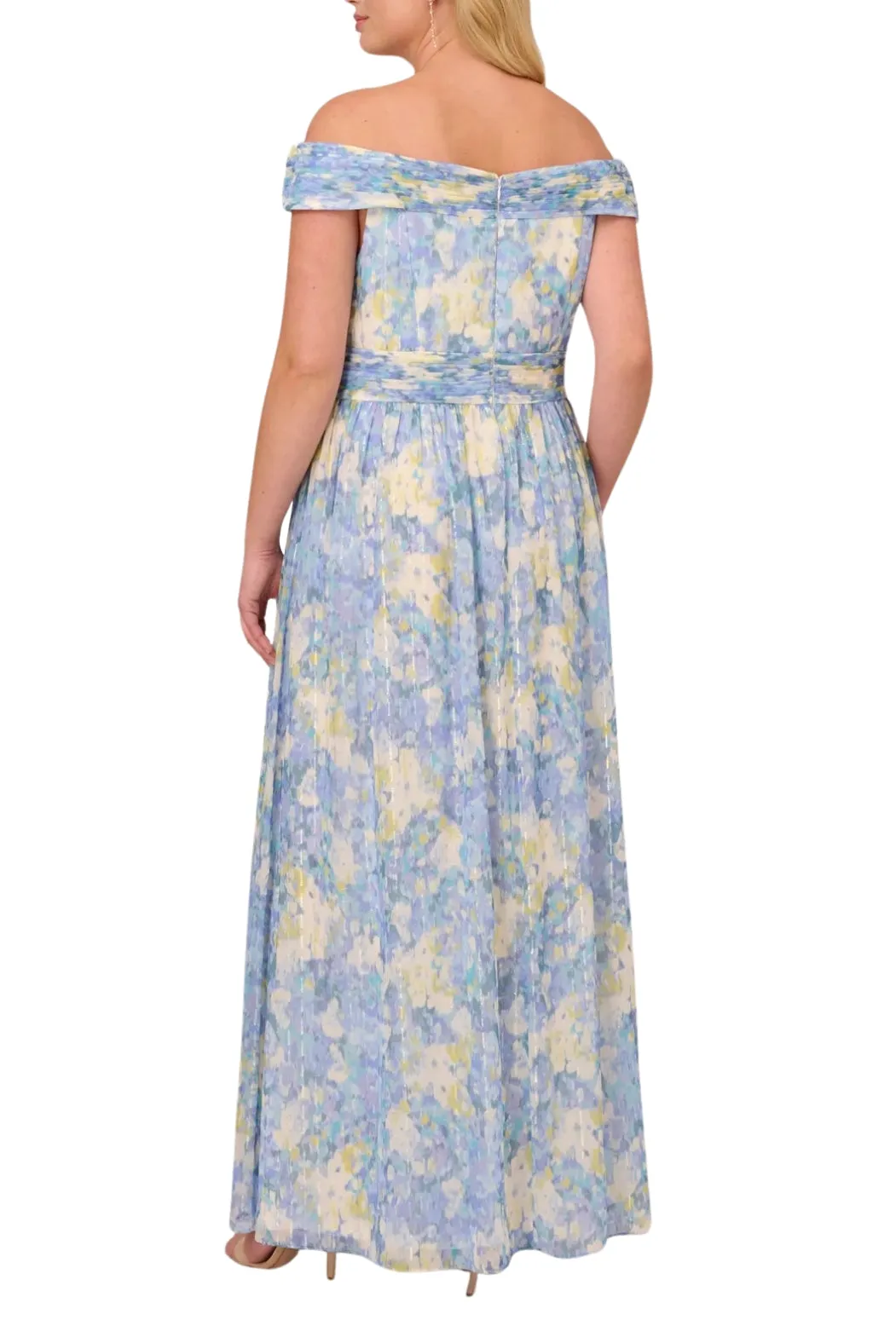 Adrianna Papell Chiffon Floral Print Off-the-Shoulder Neckline Ballgown Dress