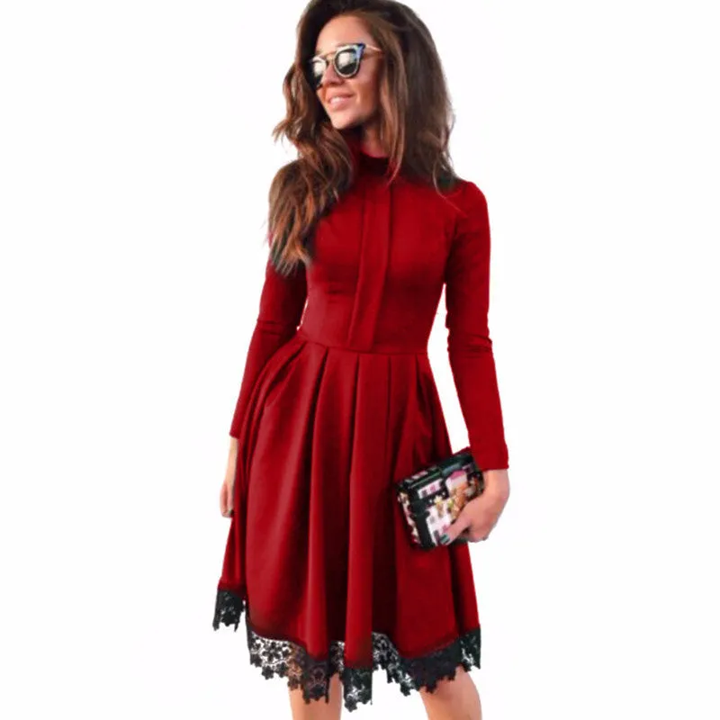 Autumn Winter Dress Fashion Women Long Sleeve Slim knee length Lace patchwork Green Party Dresses Plus Size