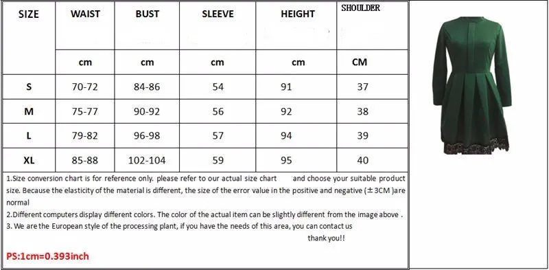 Autumn Winter Dress Fashion Women Long Sleeve Slim knee length Lace patchwork Green Party Dresses Plus Size