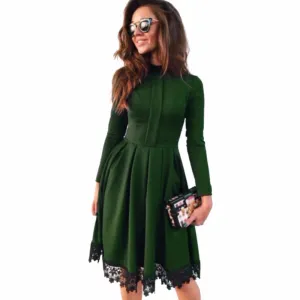 Autumn Winter Dress Fashion Women Long Sleeve Slim knee length Lace patchwork Green Party Dresses Plus Size