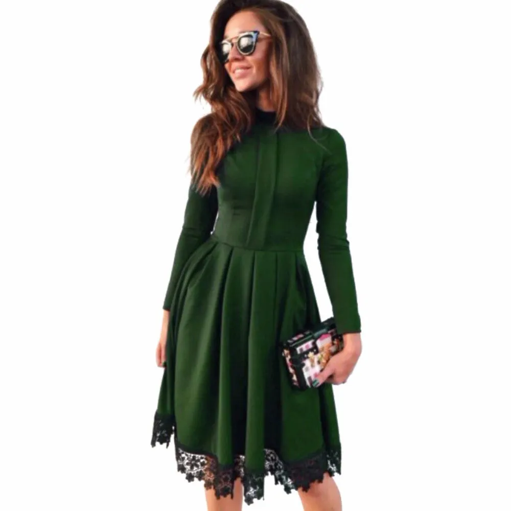Autumn Winter Dress Fashion Women Long Sleeve Slim knee length Lace patchwork Green Party Dresses Plus Size