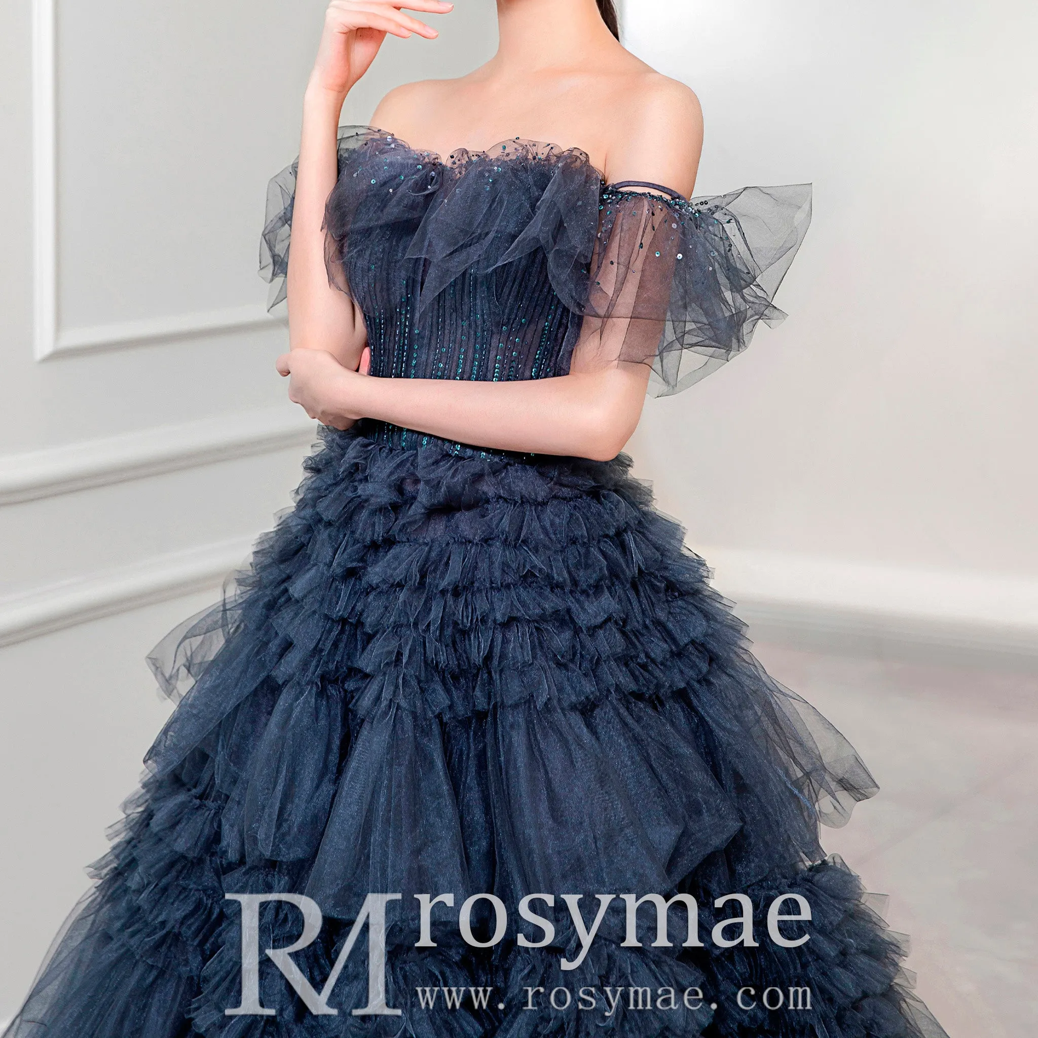 Ball Gown Multi-Level Tulle Dark Blue Quinceanera Dresses