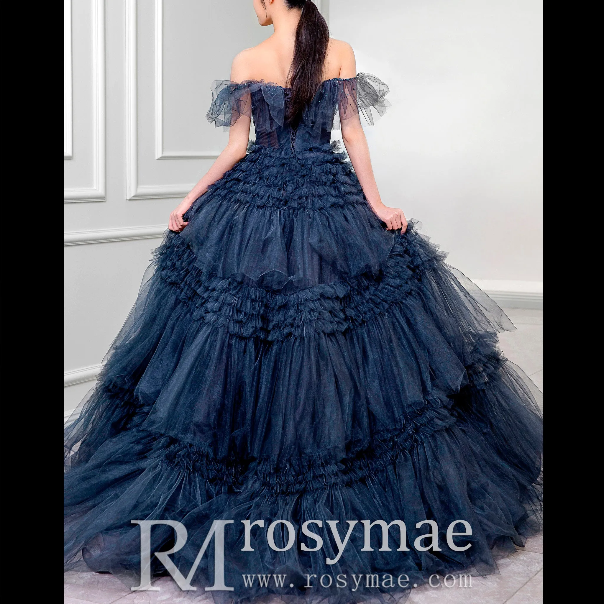 Ball Gown Multi-Level Tulle Dark Blue Quinceanera Dresses