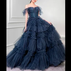 Ball Gown Multi-Level Tulle Dark Blue Quinceanera Dresses