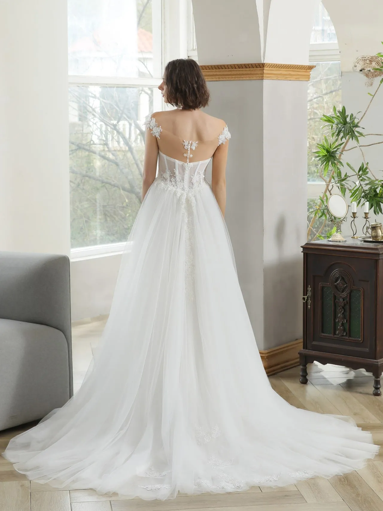 Basque Waist Wedding Dress with Beaded Floral Details | Estelle