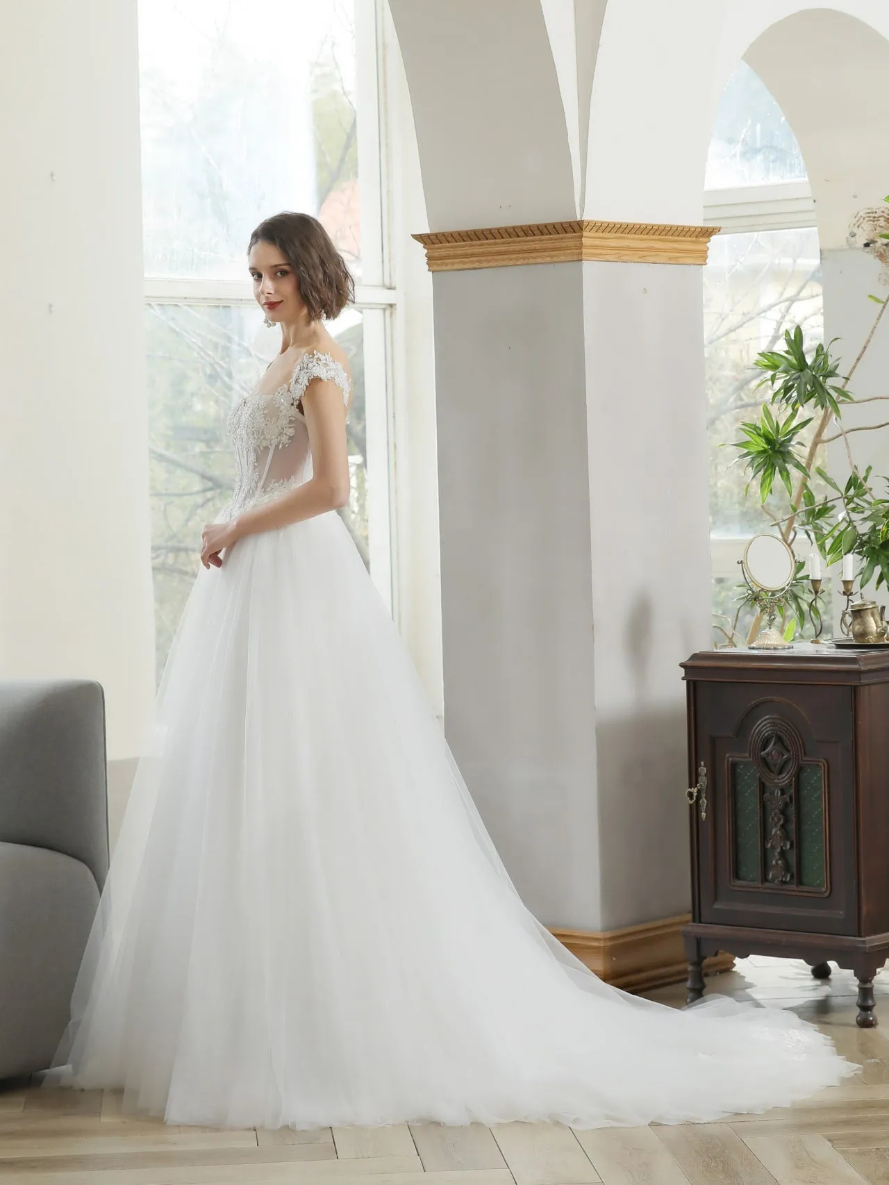 Basque Waist Wedding Dress with Beaded Floral Details | Estelle