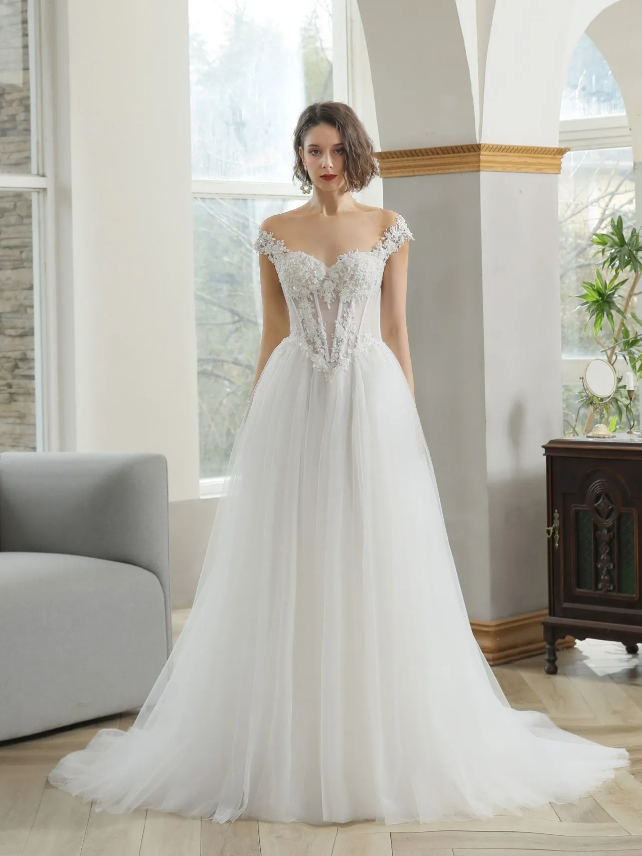 Basque Waist Wedding Dress with Beaded Floral Details | Estelle