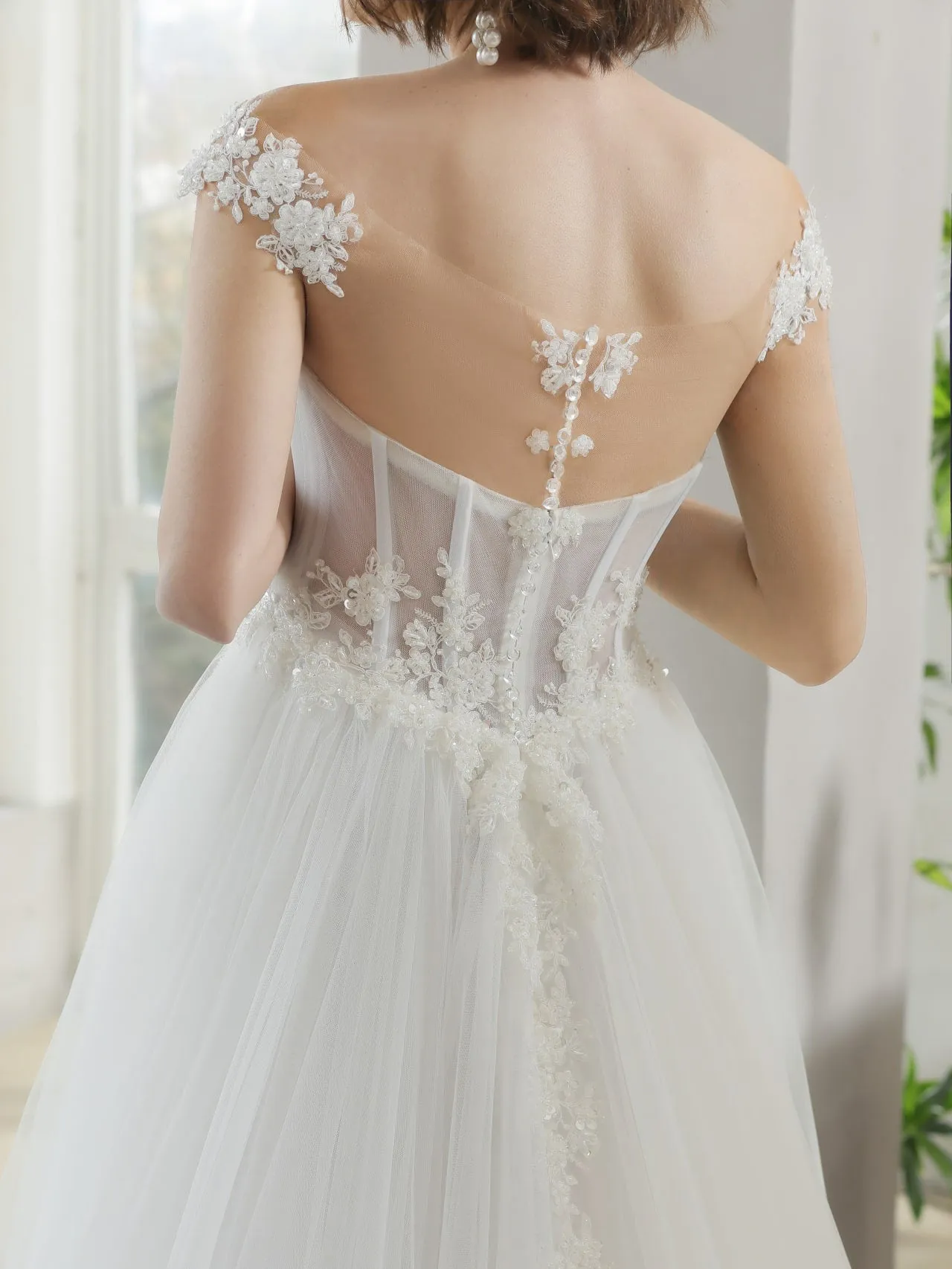 Basque Waist Wedding Dress with Beaded Floral Details | Estelle