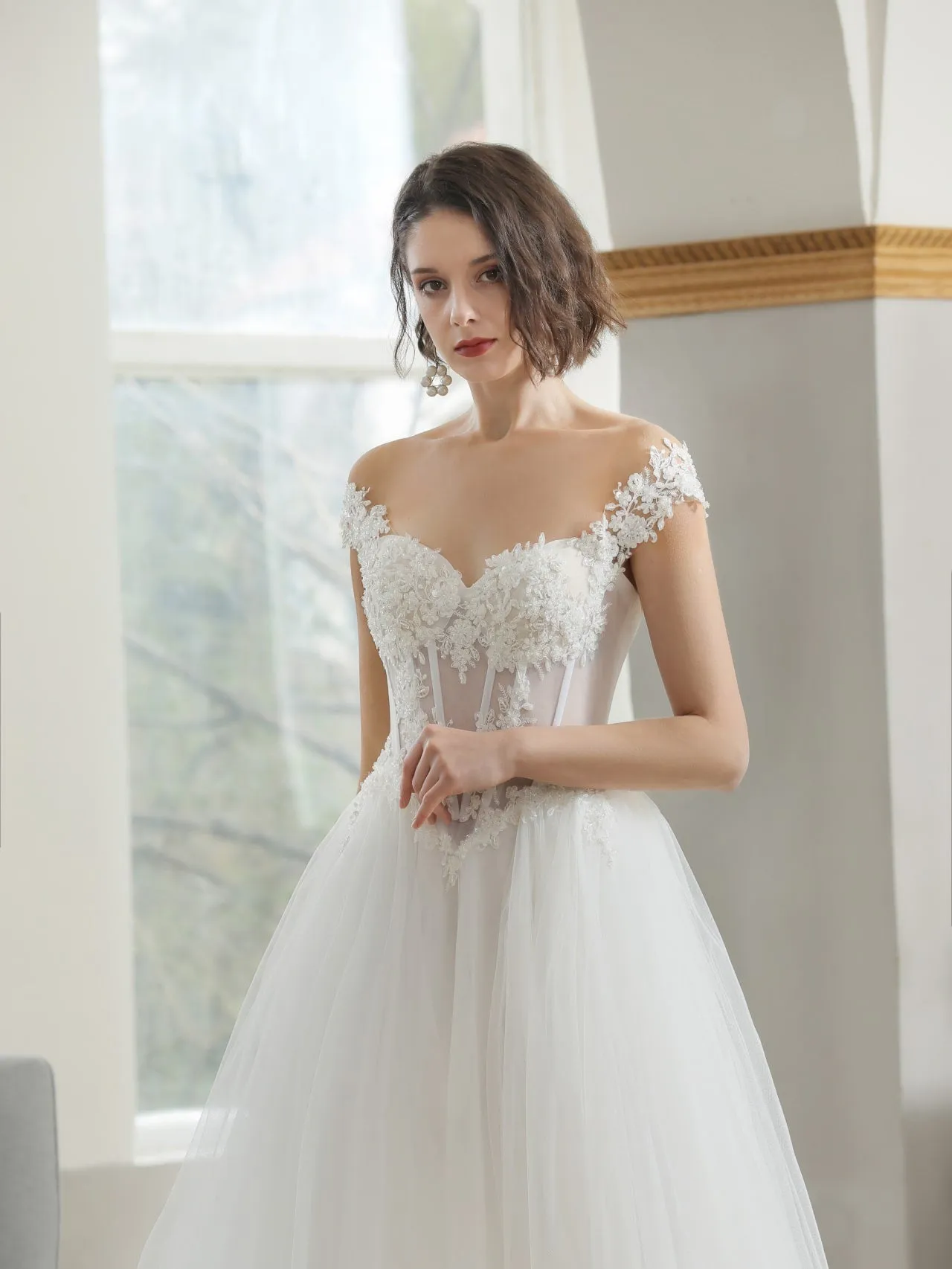 Basque Waist Wedding Dress with Beaded Floral Details | Estelle