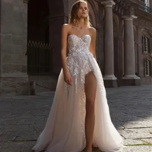 Beach Off Shoulder Split Wedding Dresses Lace Floral Glitter Underlay A Line Bride Gowns Front Slit Sexy Bridal Gowns