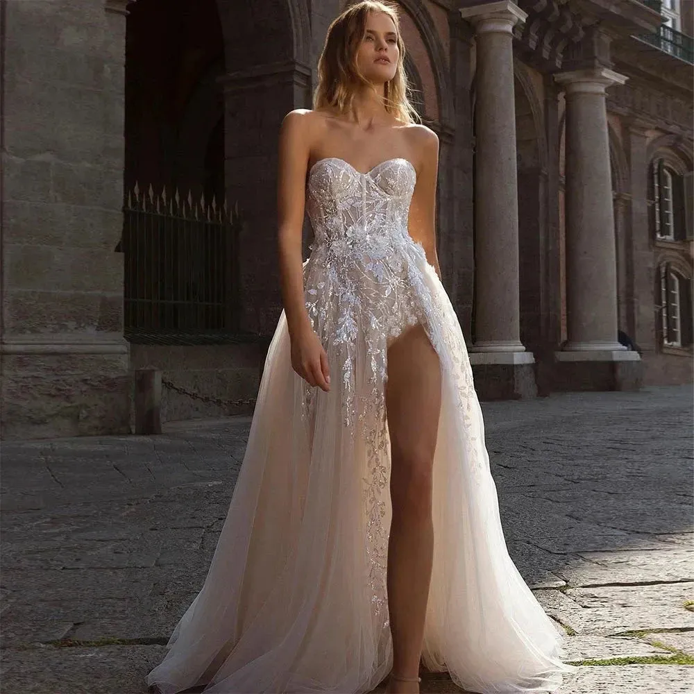 Beach Off Shoulder Split Wedding Dresses Lace Floral Glitter Underlay A Line Bride Gowns Front Slit Sexy Bridal Gowns