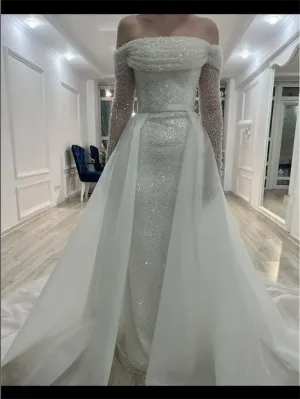 Bella Glitter Off Shoulder Prom Dresses Elegant Detachable Long Train Long Sleeves Sequins Wedding Dress