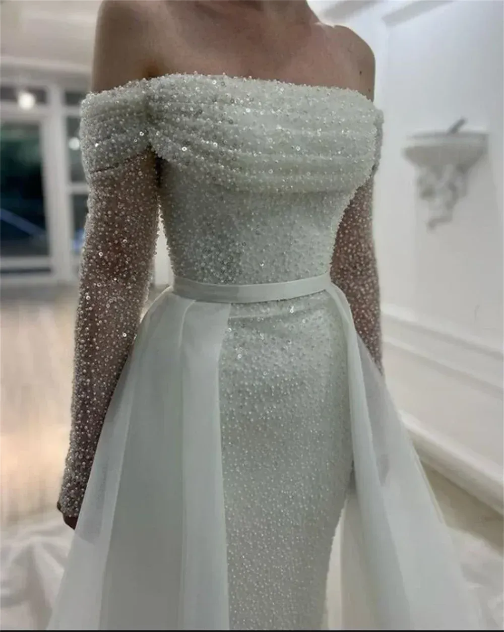 Bella Glitter Off Shoulder Prom Dresses Elegant Detachable Long Train Long Sleeves Sequins Wedding Dress