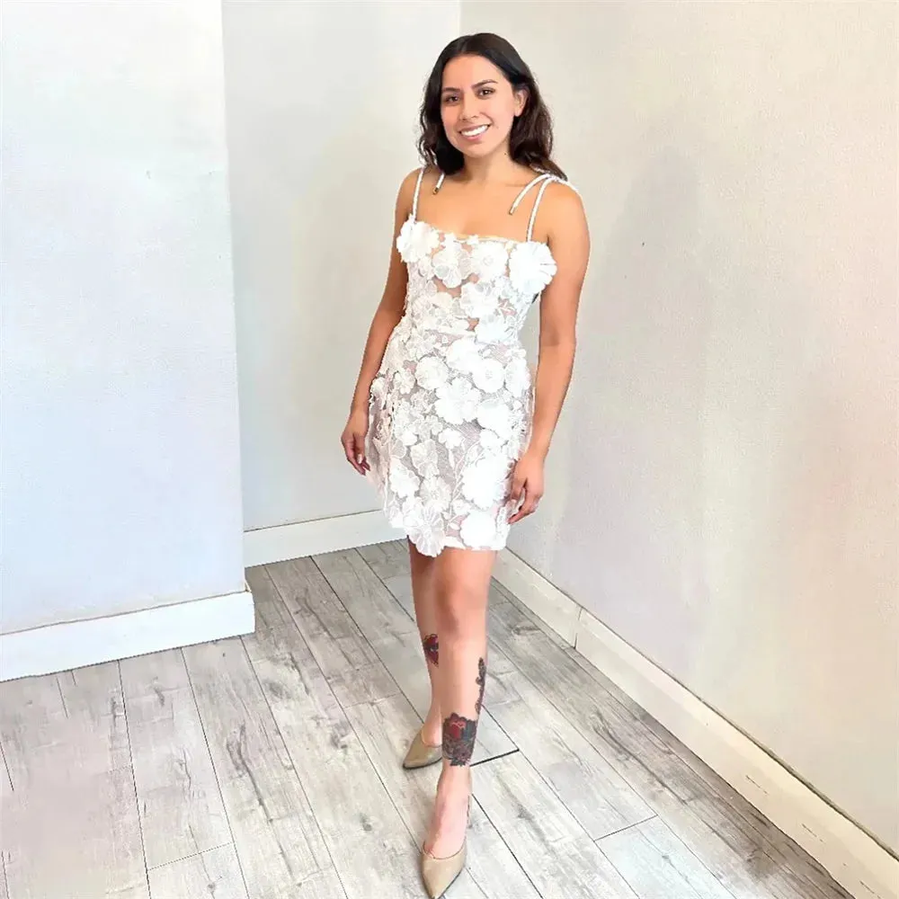 Bella Ivory White Mini robes de soirée 3D Flowers Tulle Prom Dresses Elegant Sleeveless Short Heart Neck Wedding Dress