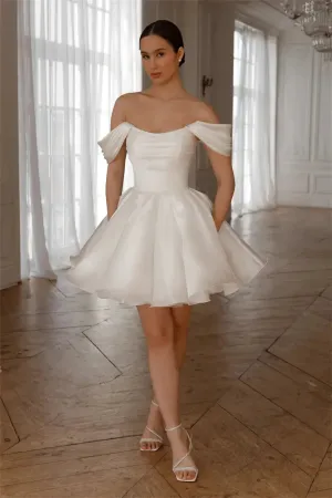 Bella White Satin Mini robes de soirée Off the Shoulder A-line Prom Dresses Elegant Lace-up Back Short Wedding Dress
