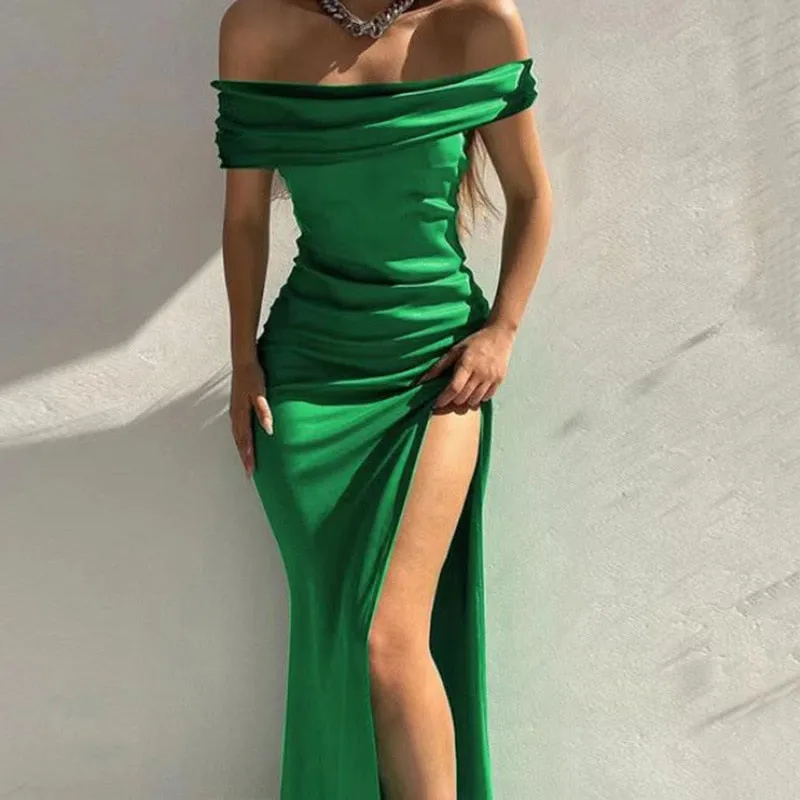BerryBetty - Summer Off Shoulder Elegant Sexy High Slit Evening Dresses Women Fashion Solid Slim Prom Party Dress Vestido Feminino Robe Femme