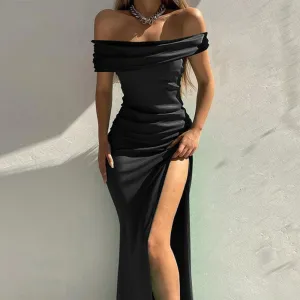 BerryBetty - Summer Off Shoulder Elegant Sexy High Slit Evening Dresses Women Fashion Solid Slim Prom Party Dress Vestido Feminino Robe Femme