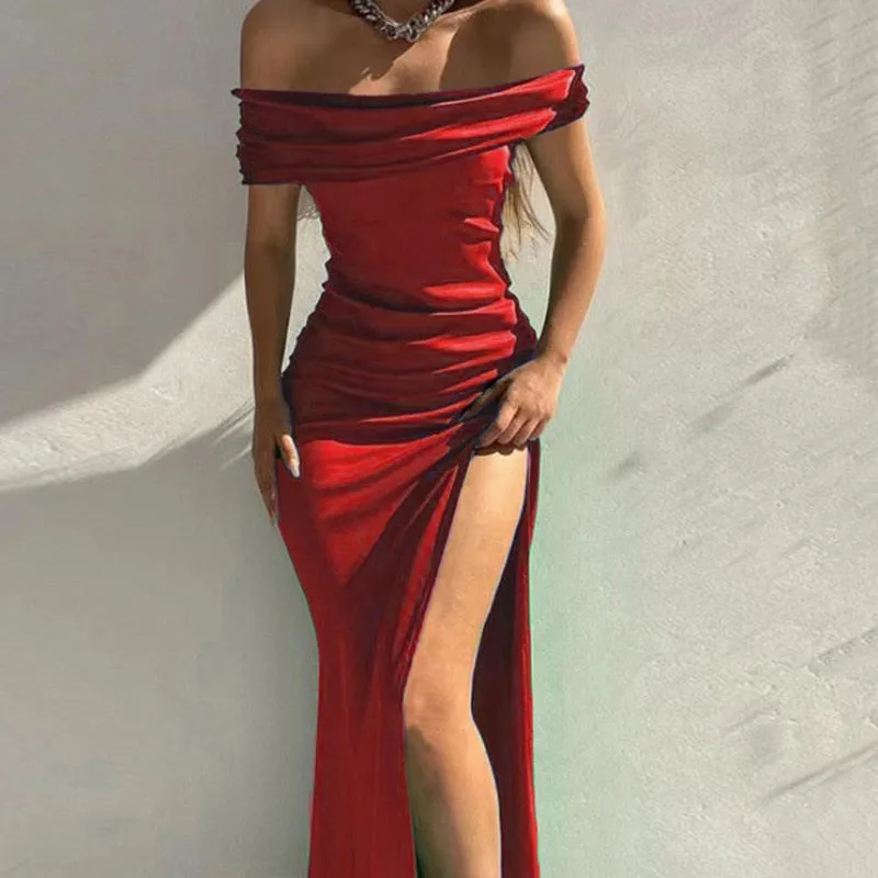 BerryBetty - Summer Off Shoulder Elegant Sexy High Slit Evening Dresses Women Fashion Solid Slim Prom Party Dress Vestido Feminino Robe Femme