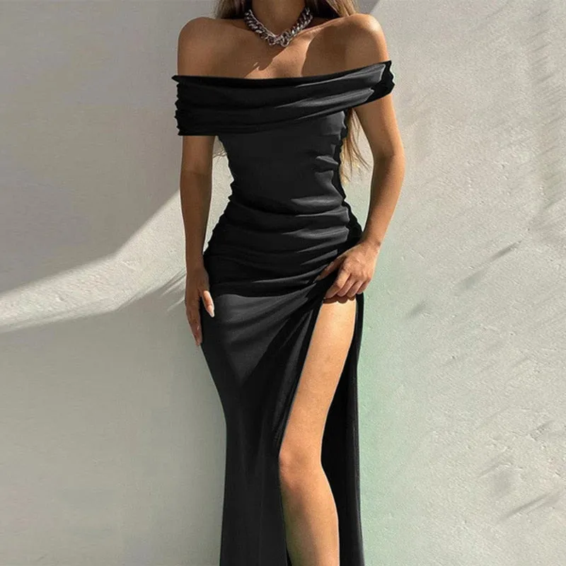 BerryBetty - Summer Off Shoulder Elegant Sexy High Slit Evening Dresses Women Fashion Solid Slim Prom Party Dress Vestido Feminino Robe Femme