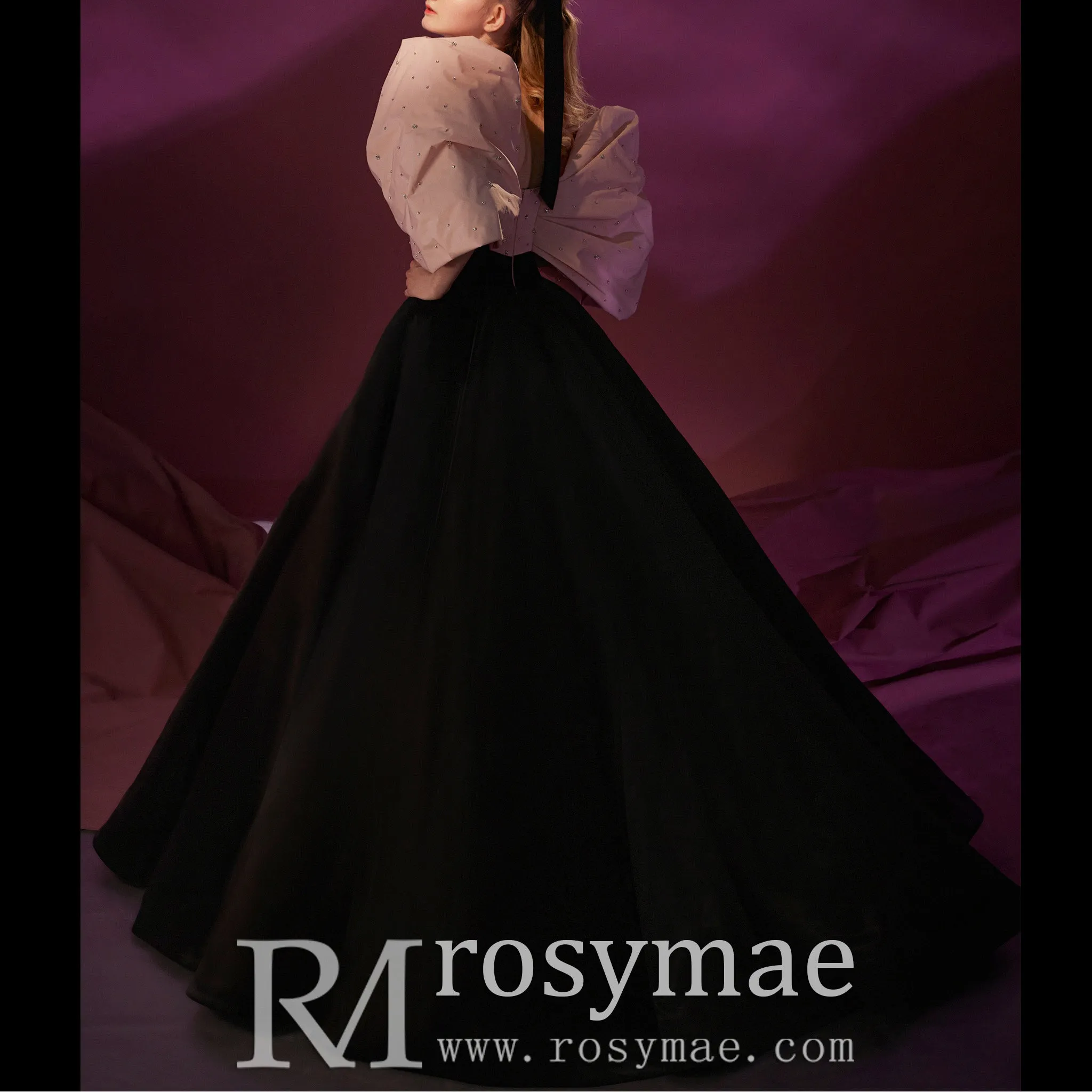 Big Puffy Sleeve Black & Pink Formal Dress Party Gowns Floor Length