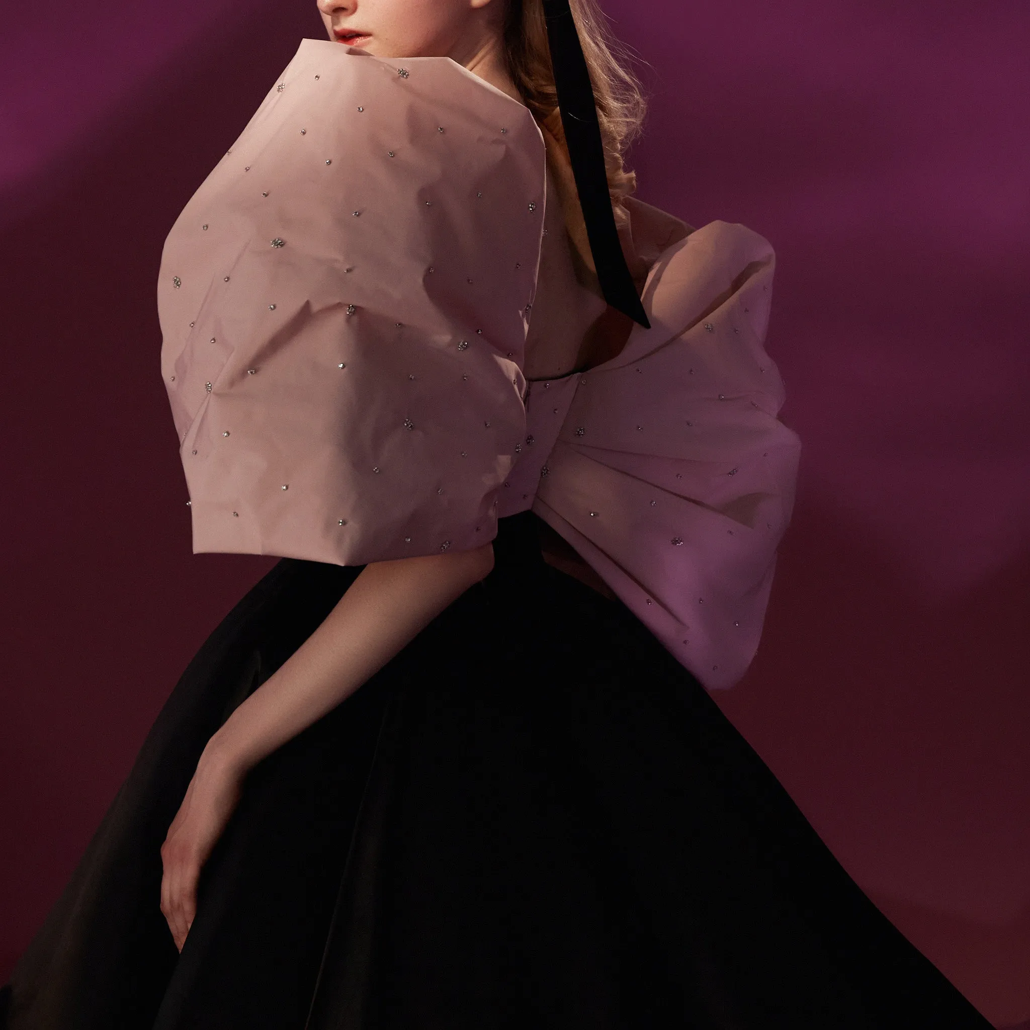 Big Puffy Sleeve Black & Pink Formal Dress Party Gowns Floor Length