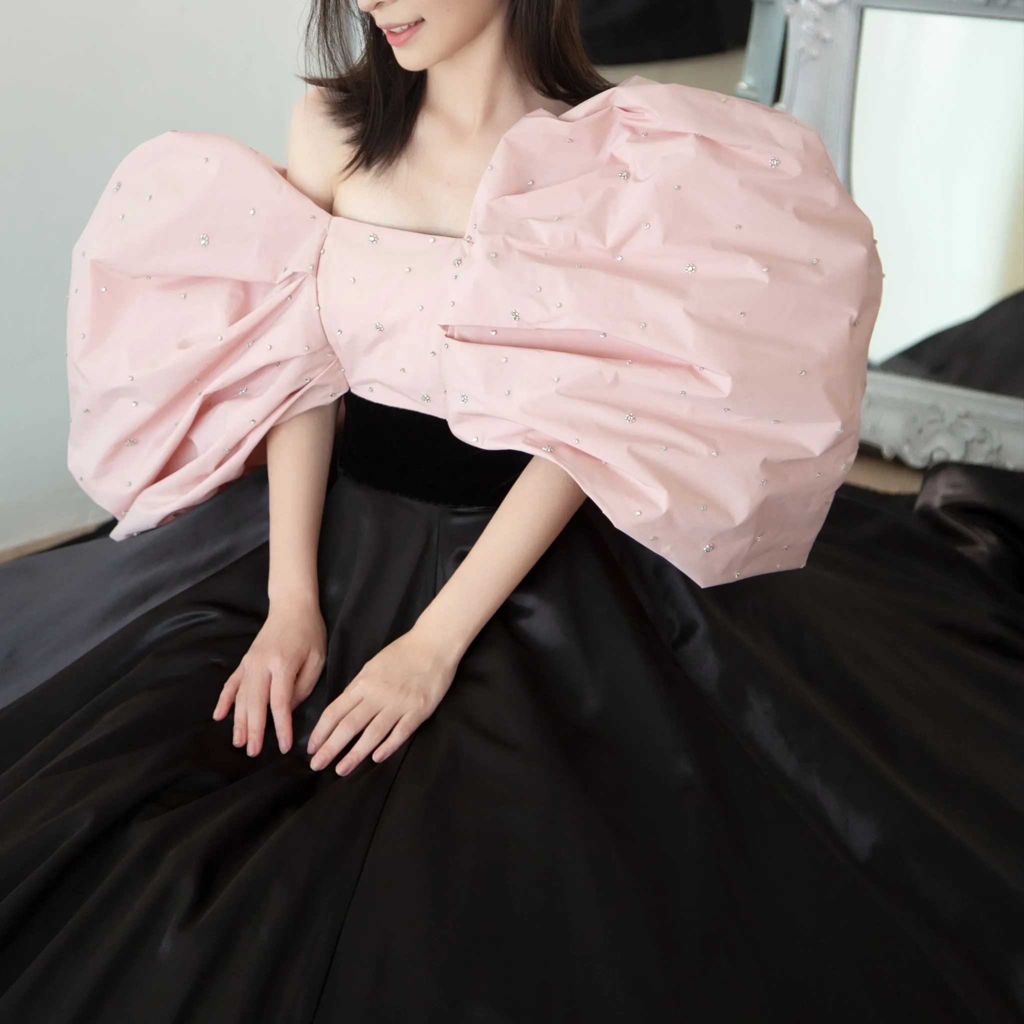 Big Puffy Sleeve Black & Pink Formal Dress Party Gowns Floor Length