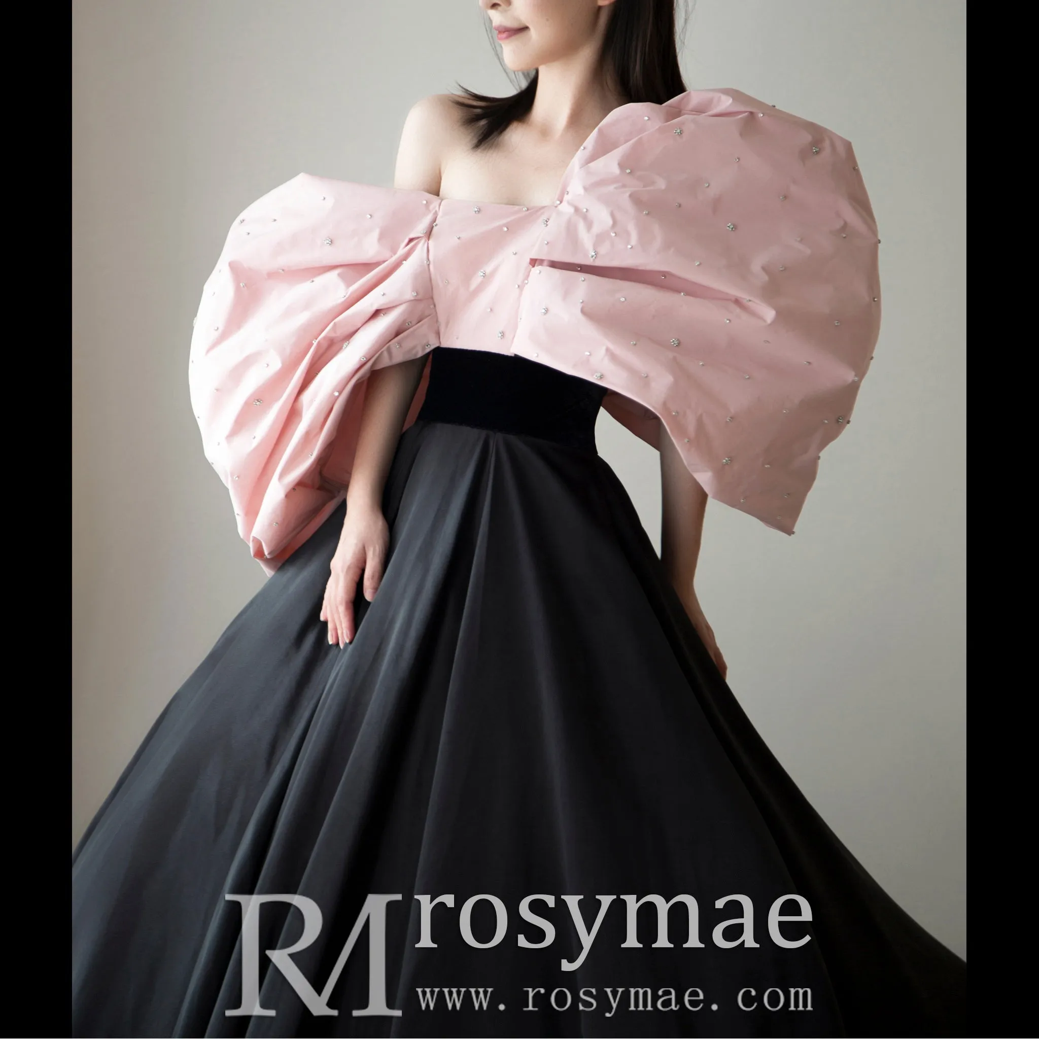 Big Puffy Sleeve Black & Pink Formal Dress Party Gowns Floor Length