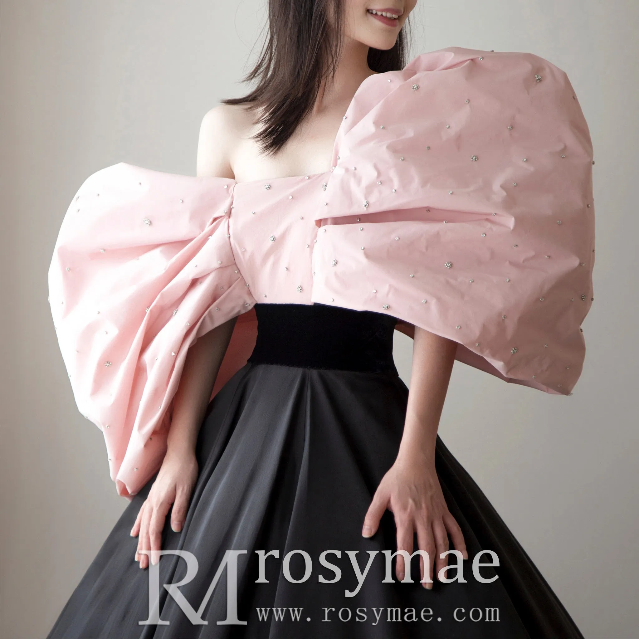 Big Puffy Sleeve Black & Pink Formal Dress Party Gowns Floor Length